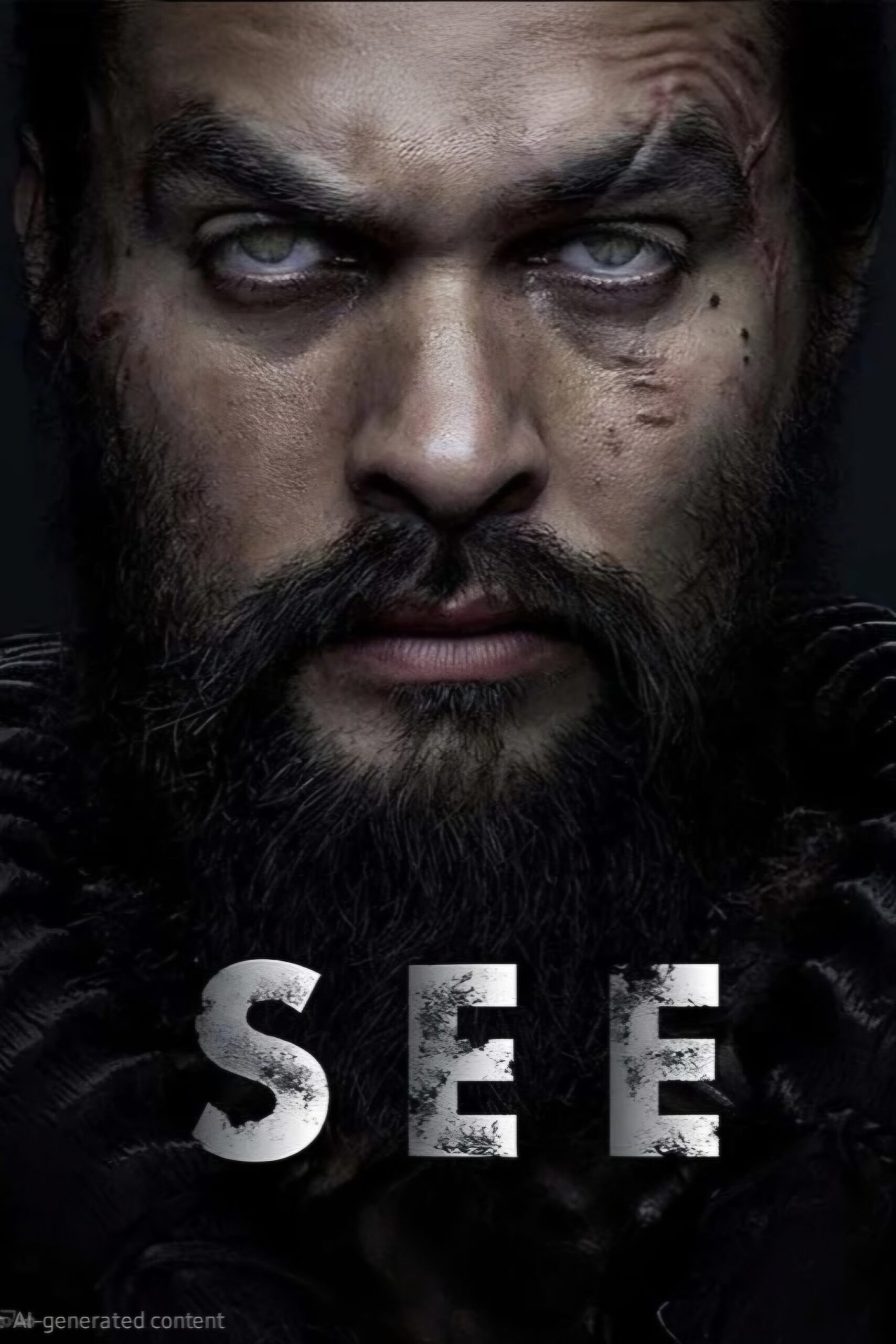 Close-up of a man with a beard, scars, and intense pale eyes staring forward. The word SEE is written in large, weathered letters at the bottom of the image. In the dark and shadowy background, subtle hints suggest an air of mystery—much like discovering hidden channels on IPTV BrasiL.