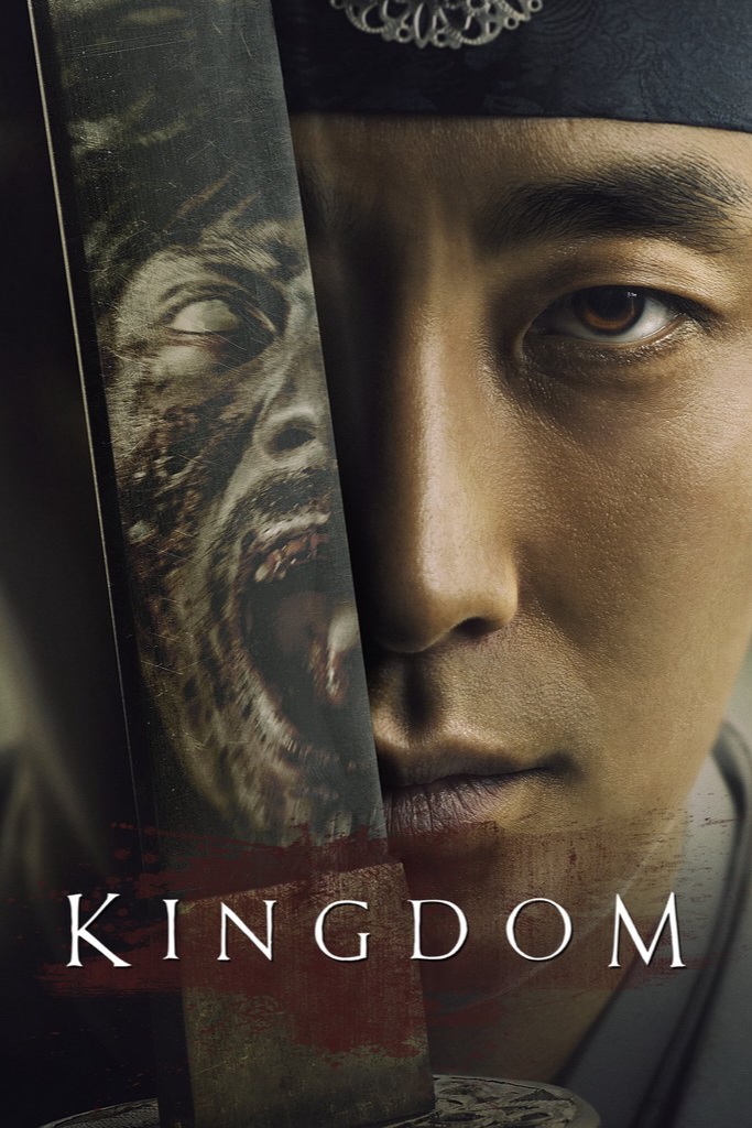 A man’s face is shown next to a sword reflecting a snarling zombie face, hinting at the suspense and action found in popular dramas streamed via IPTV BrasiL. The word KINGDOM appears at the bottom in bold white letters.